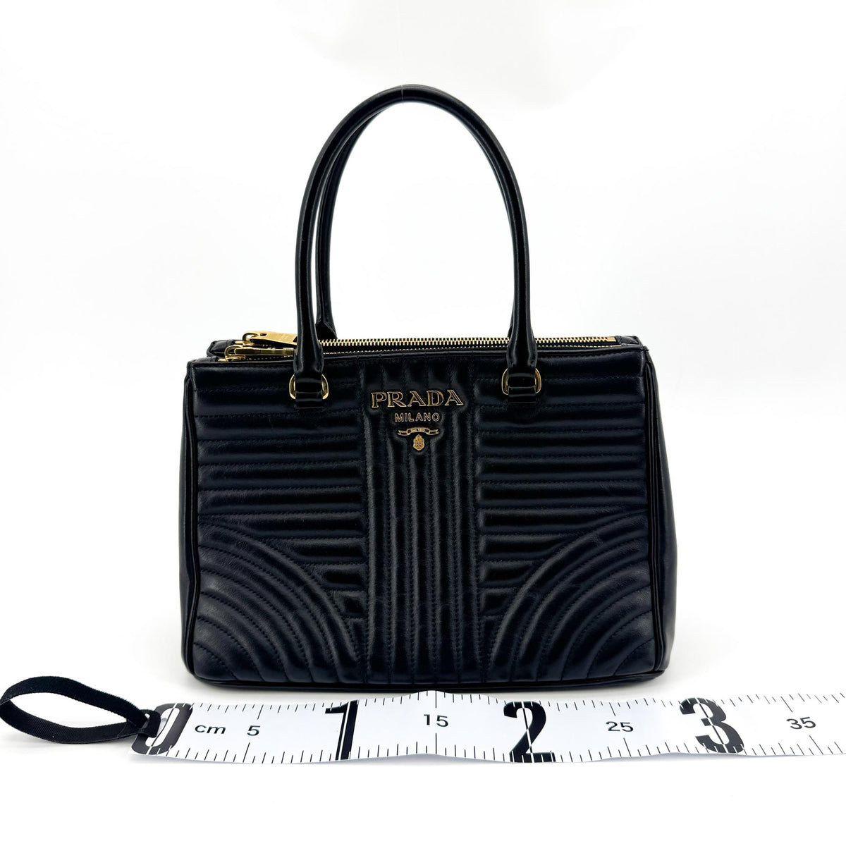 Prada Diagram Medium Leather Tote Bag Black Gold Hardware