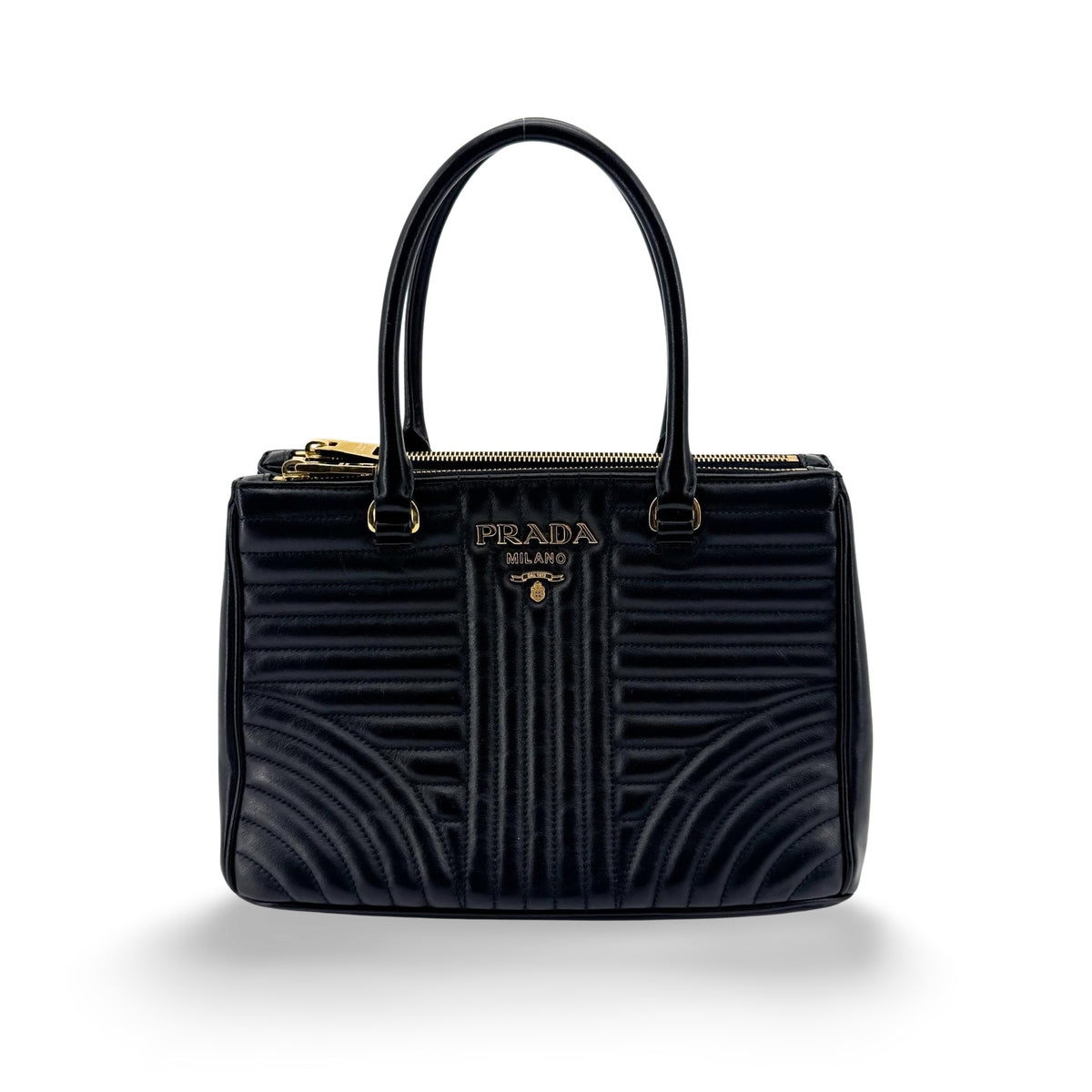 Prada Diagram Medium Leather Tote Bag Black Gold Hardware