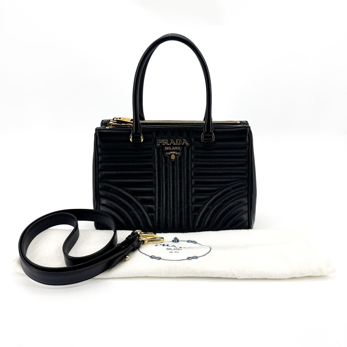 Prada Diagram Medium Leather Tote Bag Black Gold Hardware