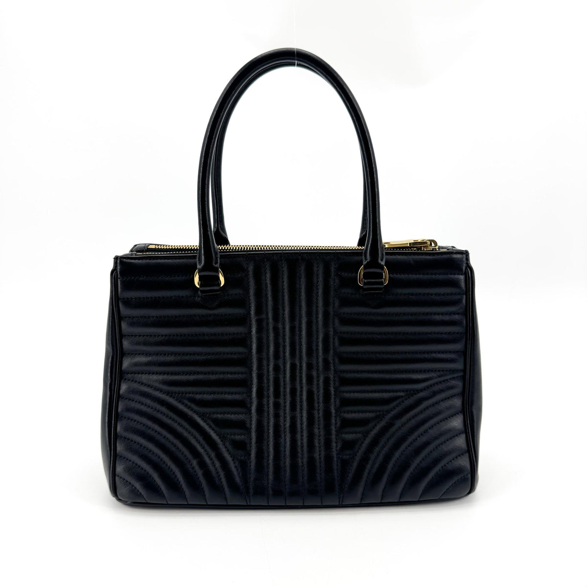 Prada Diagram Medium Leather Tote Bag Black Gold Hardware