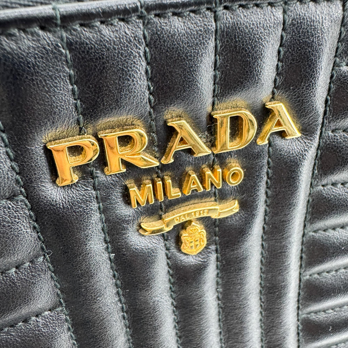 Prada Diagram Medium Leather Tote Bag Black Gold Hardware