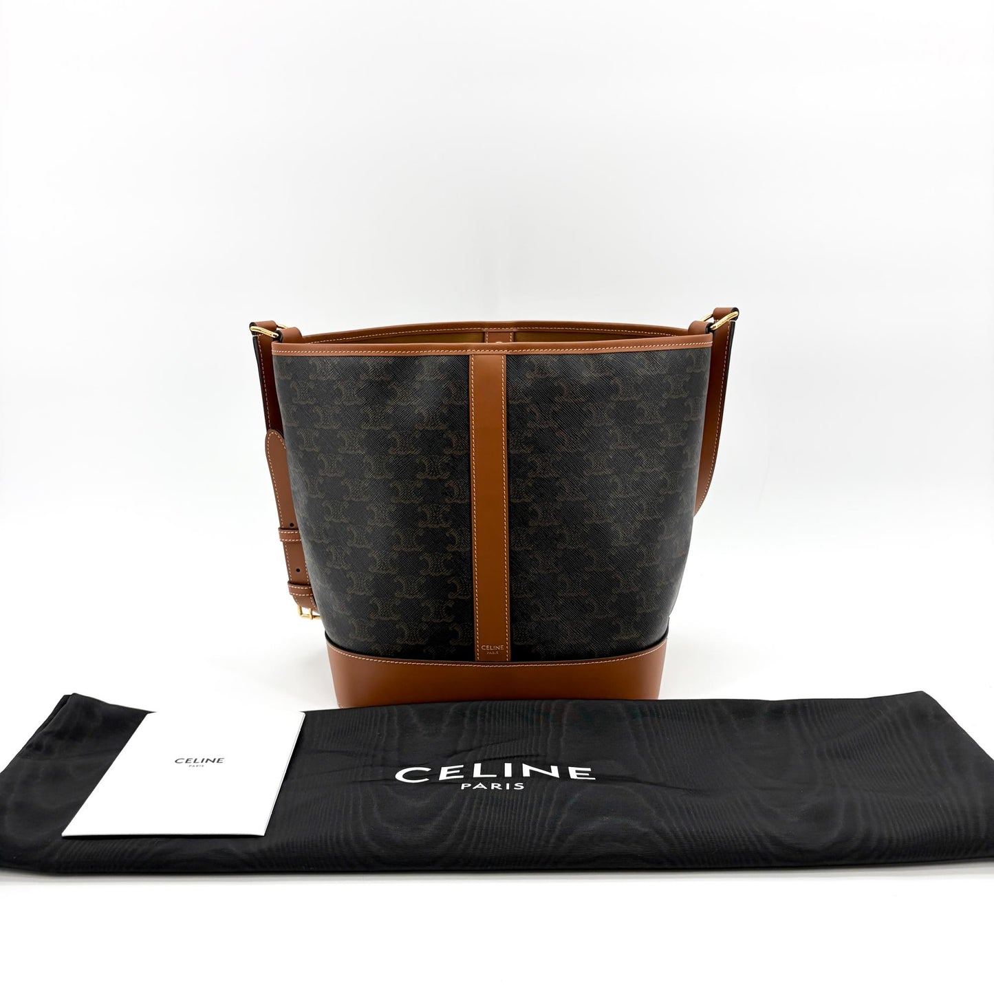 Celine Triomphe Canvas Medium Bucket Bag Tan