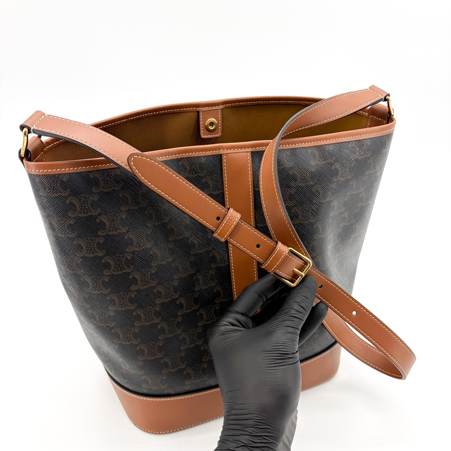 Celine Triomphe Canvas Medium Bucket Bag Tan