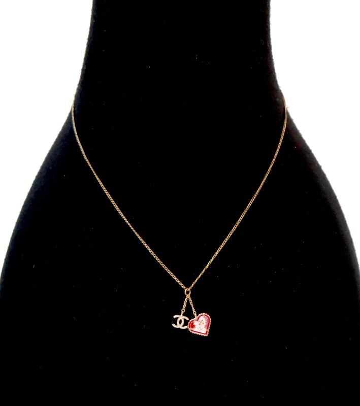 Chanel Pink Heart CC Gold Necklace