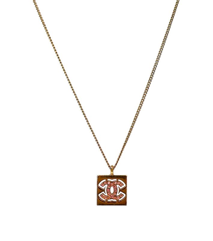 Chanel Pink Cubic Square CC Gold Necklace