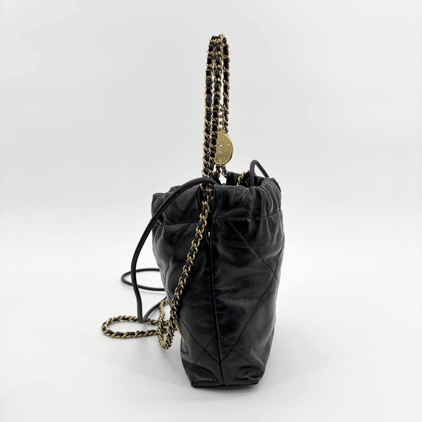 Chanel 22 Mini Handbag Black Glossy Calfskin Gold Hardware
