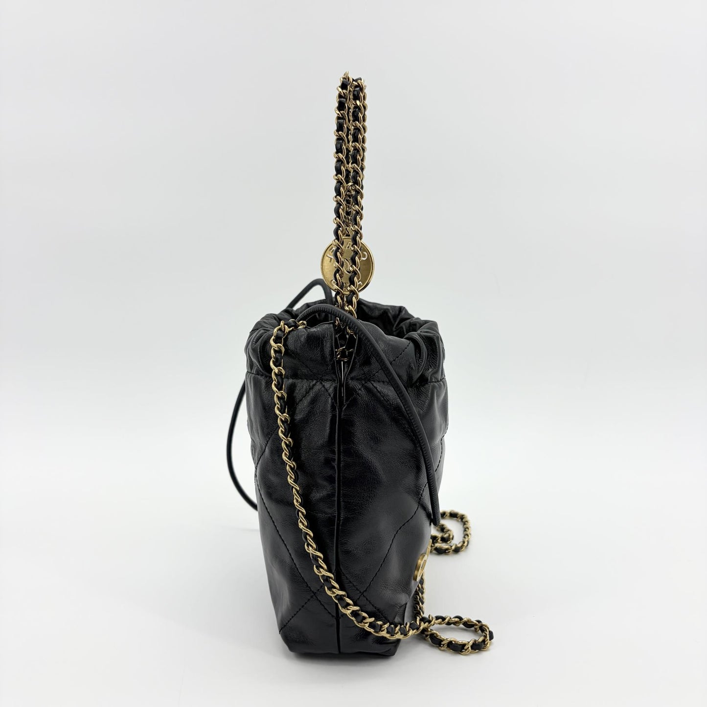 Chanel 22 Mini Handbag Black Glossy Calfskin Gold Hardware