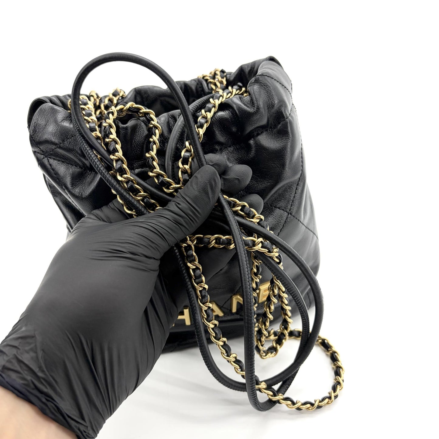 Chanel 22 Mini Handbag Black Glossy Calfskin Gold Hardware