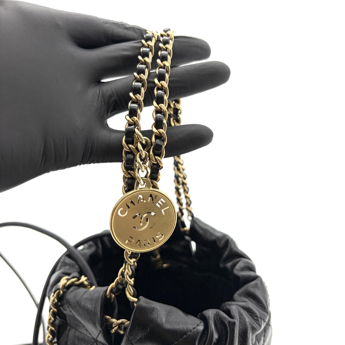 Chanel 22 Mini Handbag Black Glossy Calfskin Gold Hardware