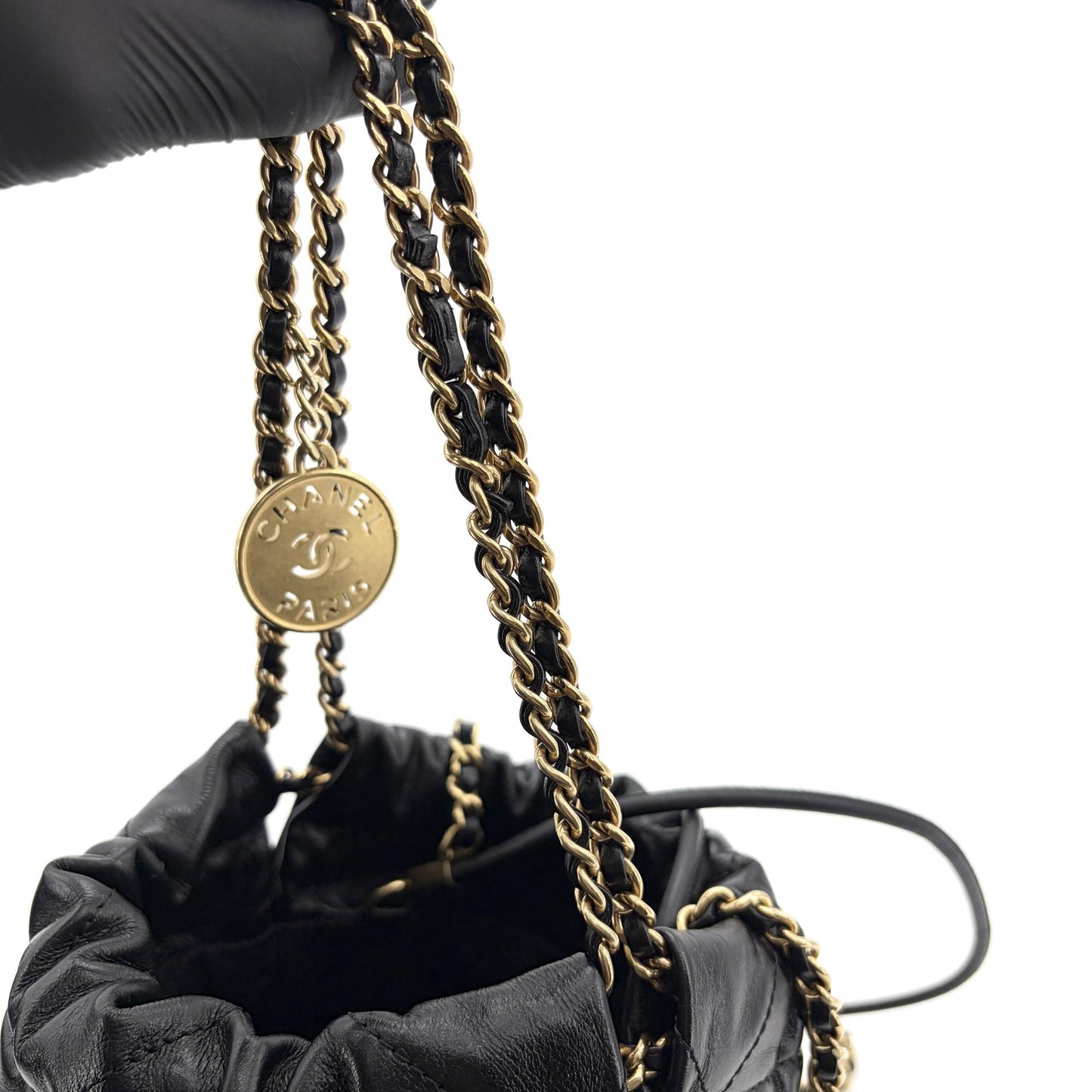 Chanel 22 Mini Handbag Black Glossy Calfskin Gold Hardware