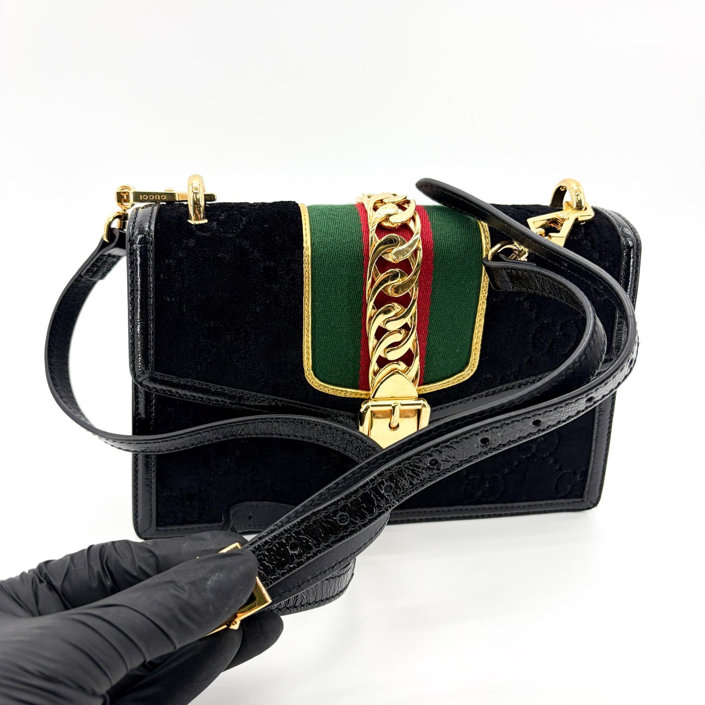 Gucci Mini Sylvie GG Velvet Shoulder Bag Black