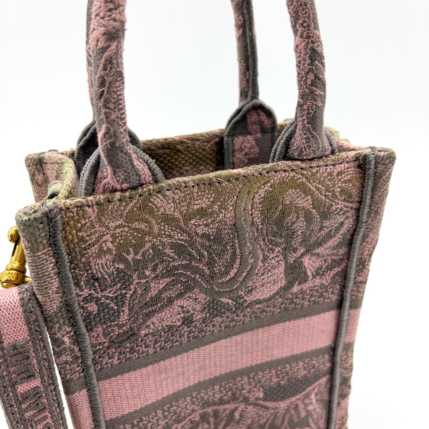 Dior Mini Book Tote Pink and Grey Jouy Reverse Embroidery