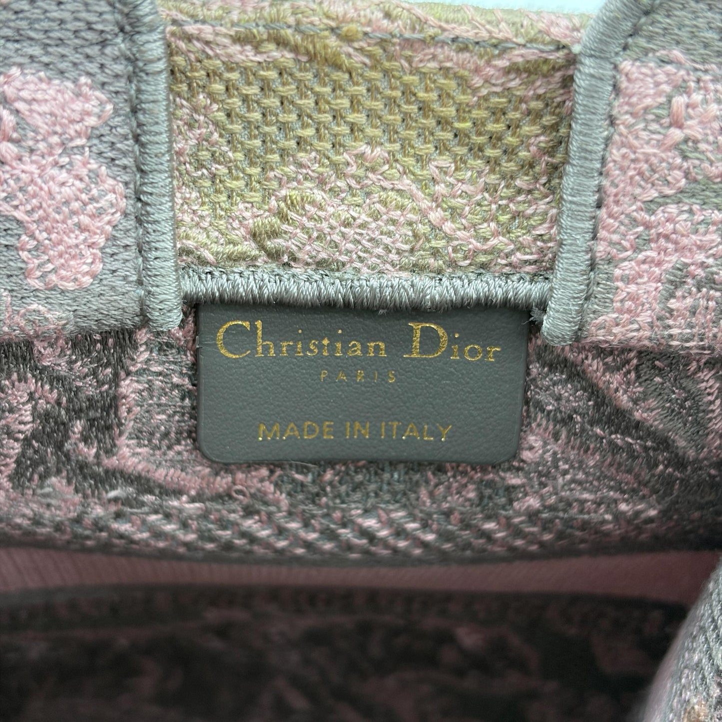 Dior Mini Book Tote Pink and Grey Jouy Reverse Embroidery