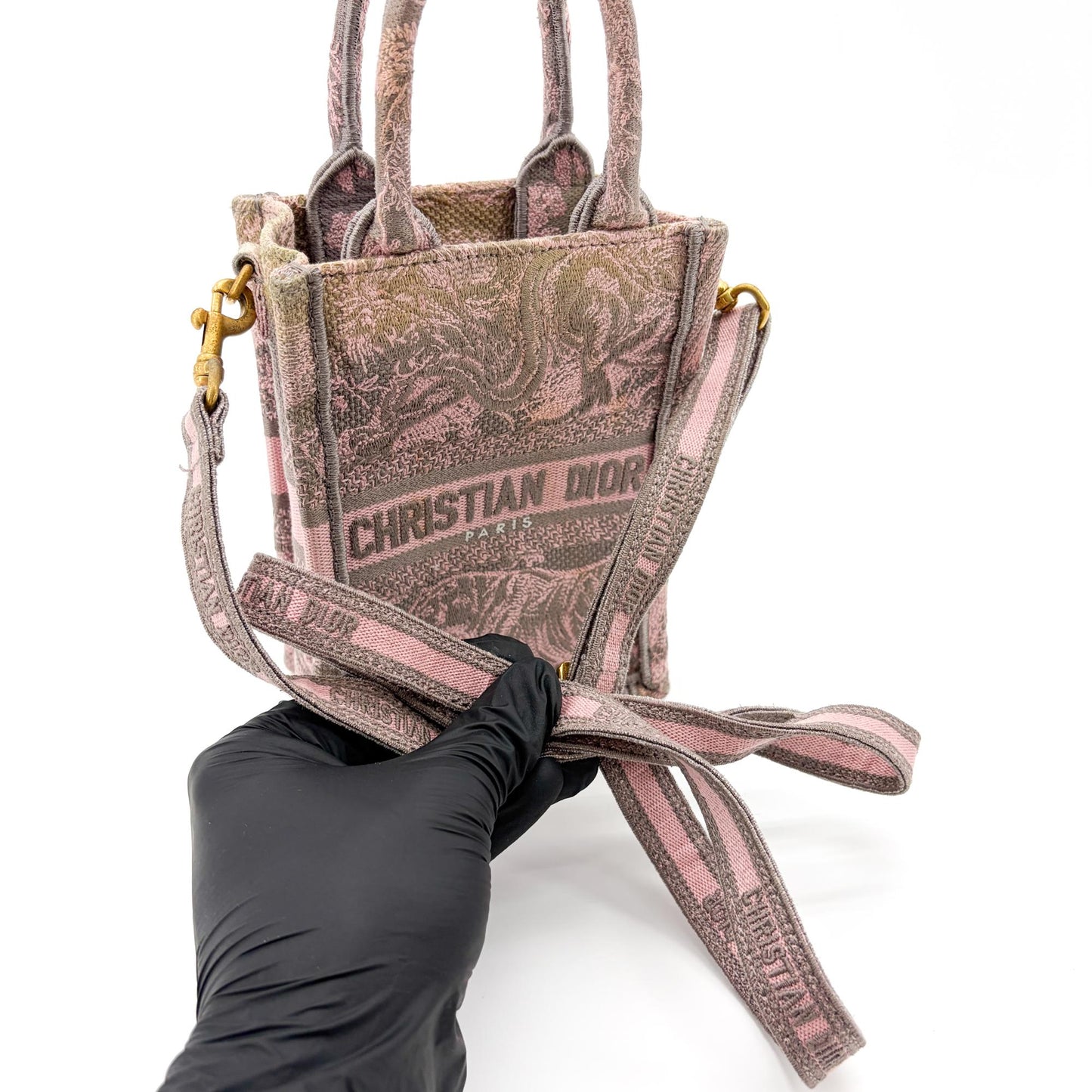 Dior Mini Book Tote Pink and Grey Jouy Reverse Embroidery