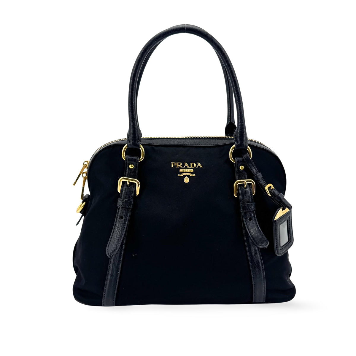 Prada Tessuto Saffiano Dome Tote Bag Black with Gold Hardware