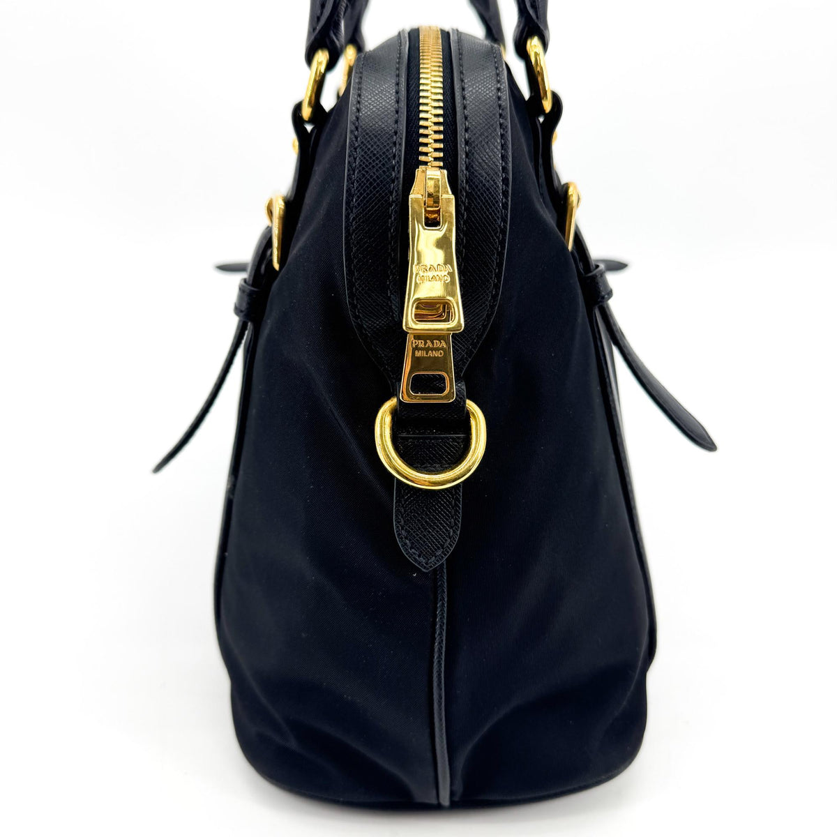 Prada Tessuto Saffiano Dome Tote Bag Black with Gold Hardware