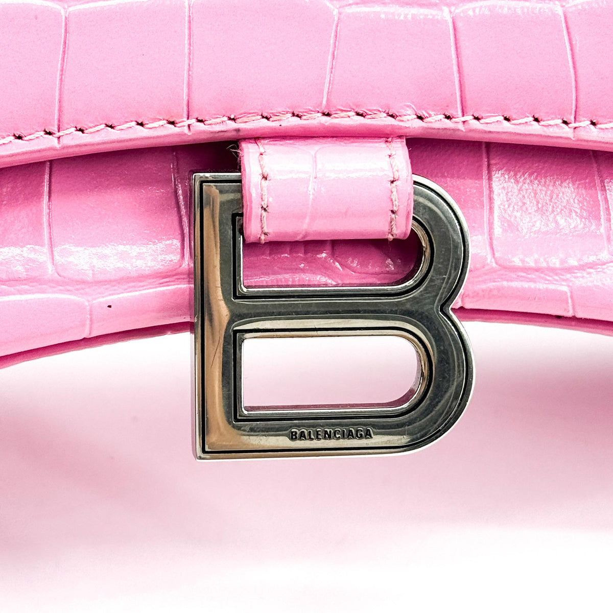 Balenciaga Micro Hourglass Top Handle Bag Pink Crocodile Embossing