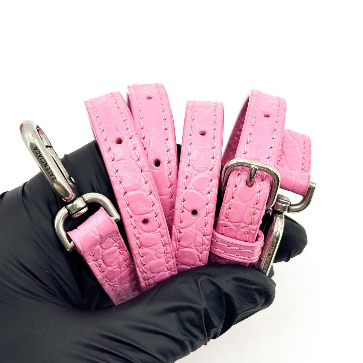 Balenciaga Micro Hourglass Top Handle Bag Pink Crocodile Embossing