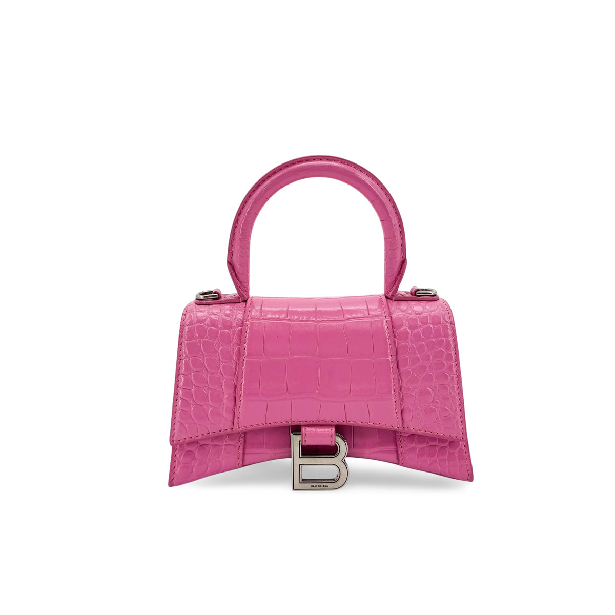 Balenciaga Micro Hourglass Top Handle Bag Pink Crocodile Embossing