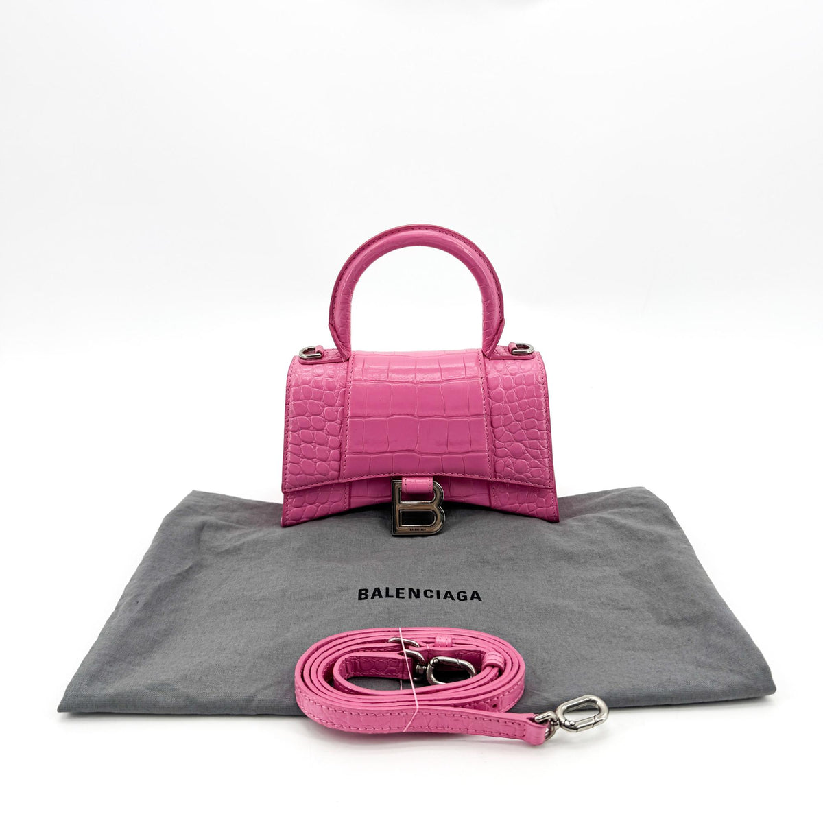 Balenciaga Micro Hourglass Top Handle Bag Pink Crocodile Embossing