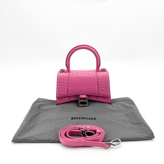 Balenciaga Micro Hourglass Top Handle Bag Pink Crocodile Embossing