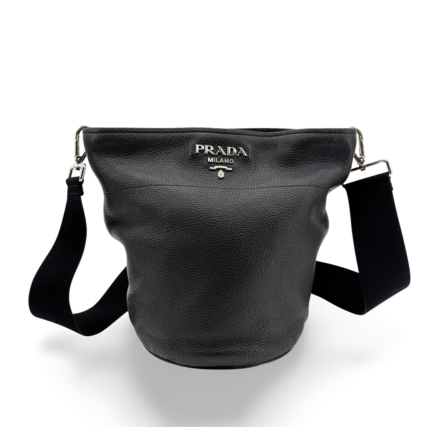Prada Vitello Daino Leather Bucket Bag Black Silver Hardware
