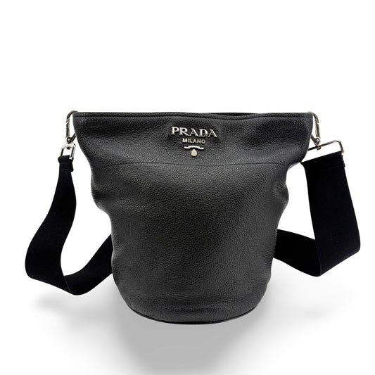 Prada Vitello Daino Leather Bucket Bag Black Silver Hardware