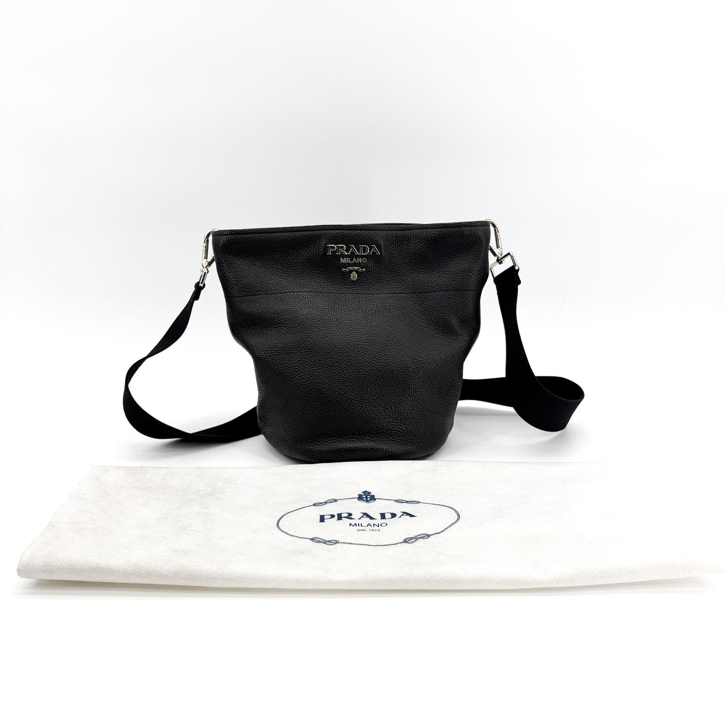 Prada Vitello Daino Leather Bucket Bag Black Silver Hardware