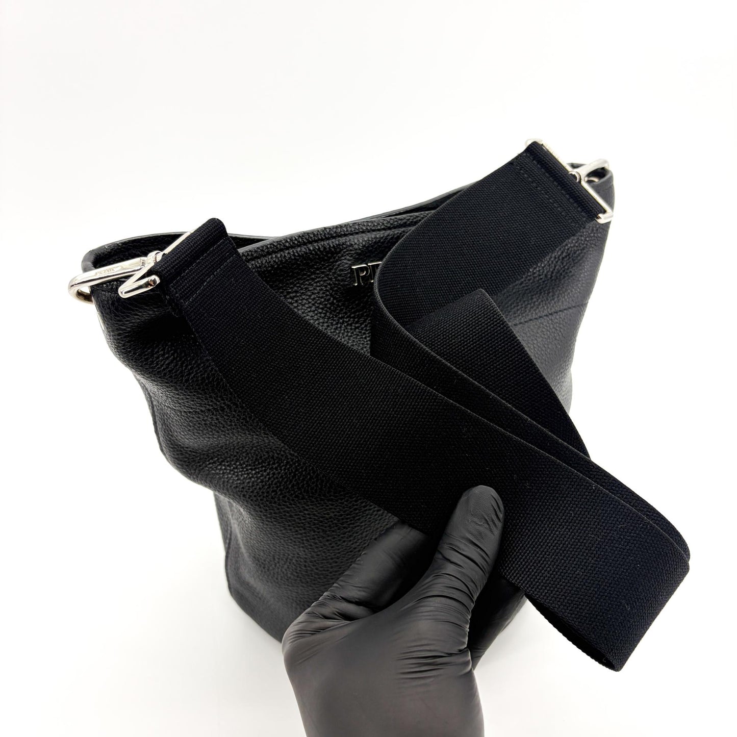 Prada Vitello Daino Leather Bucket Bag Black Silver Hardware