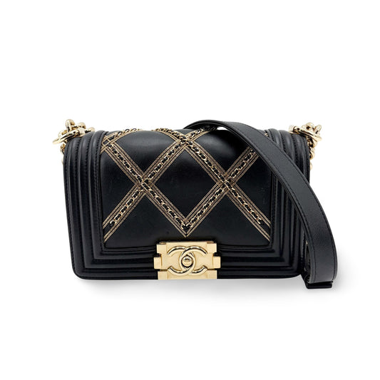 Chanel Boy Chanel Flap Bag Chain Emblem Small Black Gold Hardware