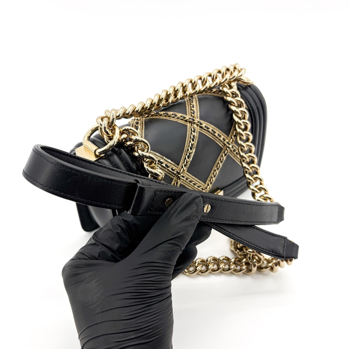 Chanel Boy Chanel Flap Bag Chain Emblem Small Black Gold Hardware