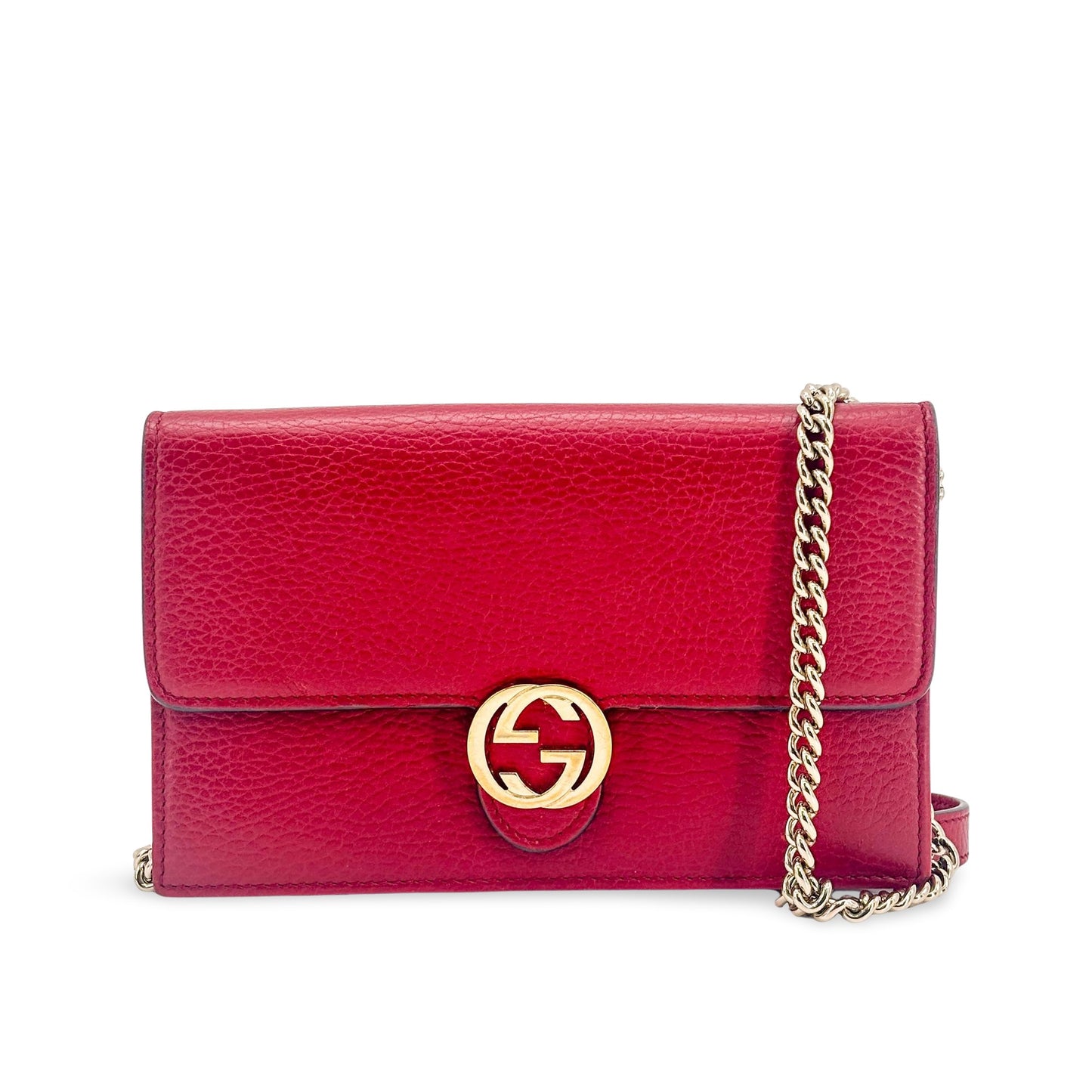 Gucci Interlocking G Leather Chain Shoulder Bag Red Gold Hardware