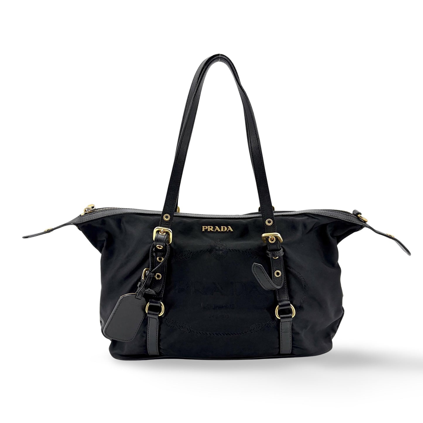 Prada Tessuto Nylon Saffiano Trimmed Shopper Bag Black Gold Hardware