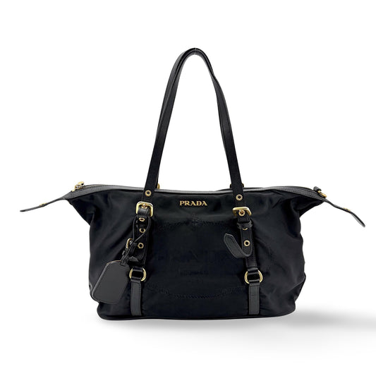 Prada Tessuto Nylon Saffiano Trimmed Shopper Bag Black Gold Hardware