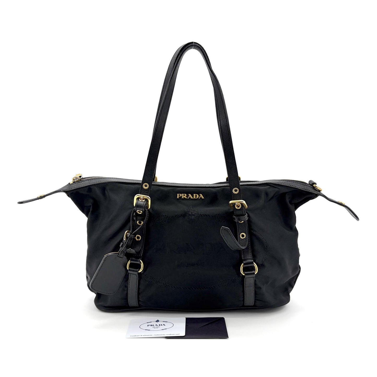 Prada Tessuto Nylon Saffiano Trimmed Shopper Bag Black Gold Hardware