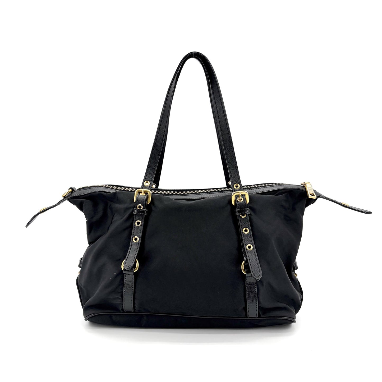 Prada Tessuto Nylon Saffiano Trimmed Shopper Bag Black Gold Hardware