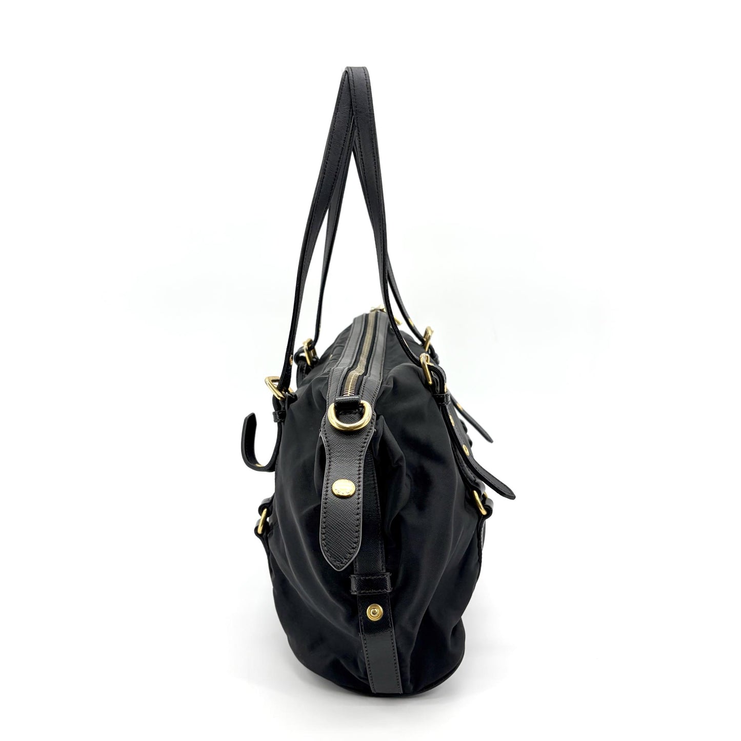 Prada Tessuto Nylon Saffiano Trimmed Shopper Bag Black Gold Hardware