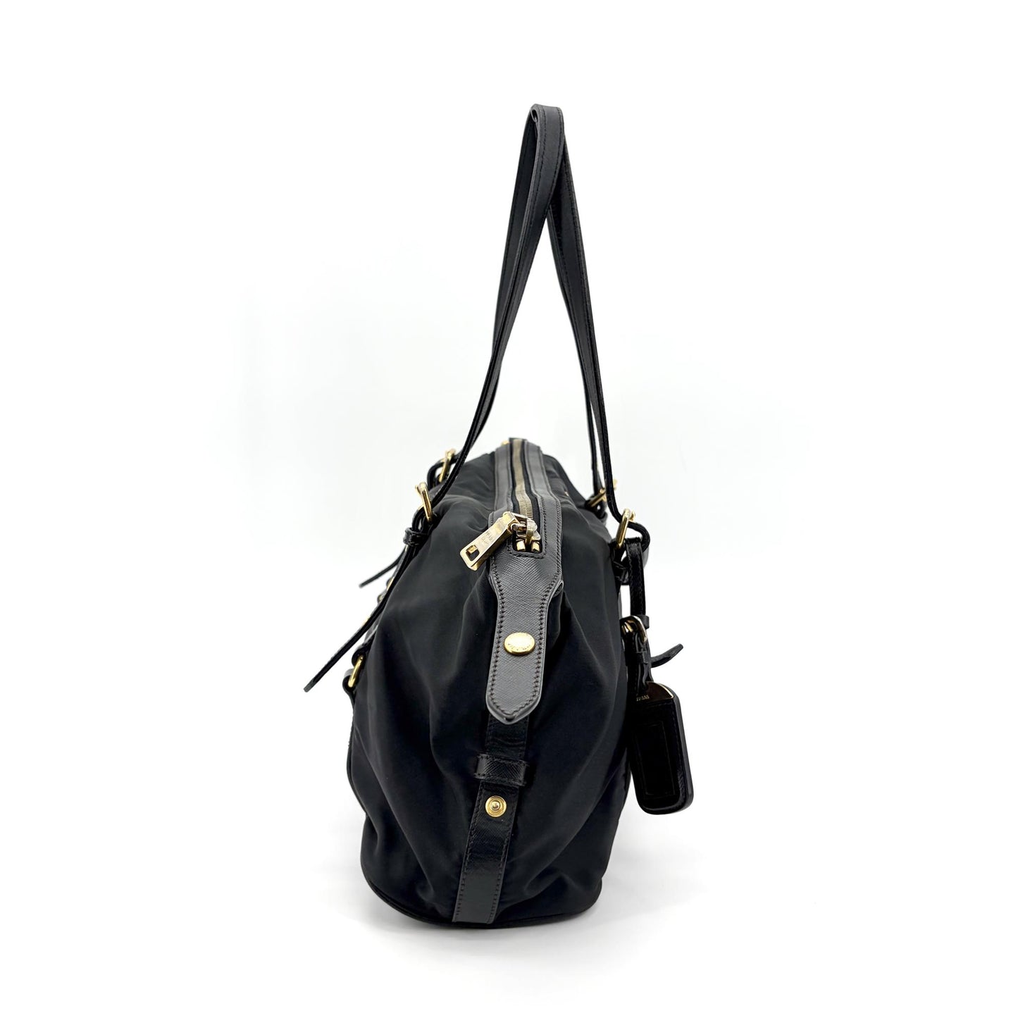 Prada Tessuto Nylon Saffiano Trimmed Shopper Bag Black Gold Hardware