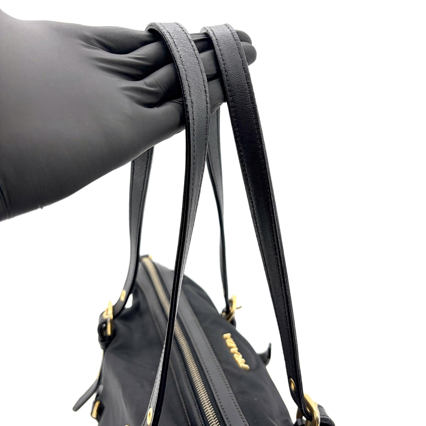 Prada Tessuto Nylon Saffiano Trimmed Shopper Bag Black Gold Hardware