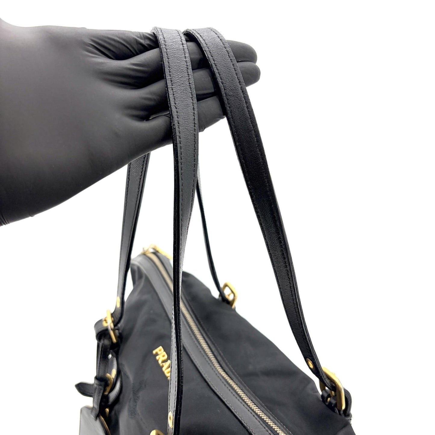 Prada Tessuto Nylon Saffiano Trimmed Shopper Bag Black Gold Hardware
