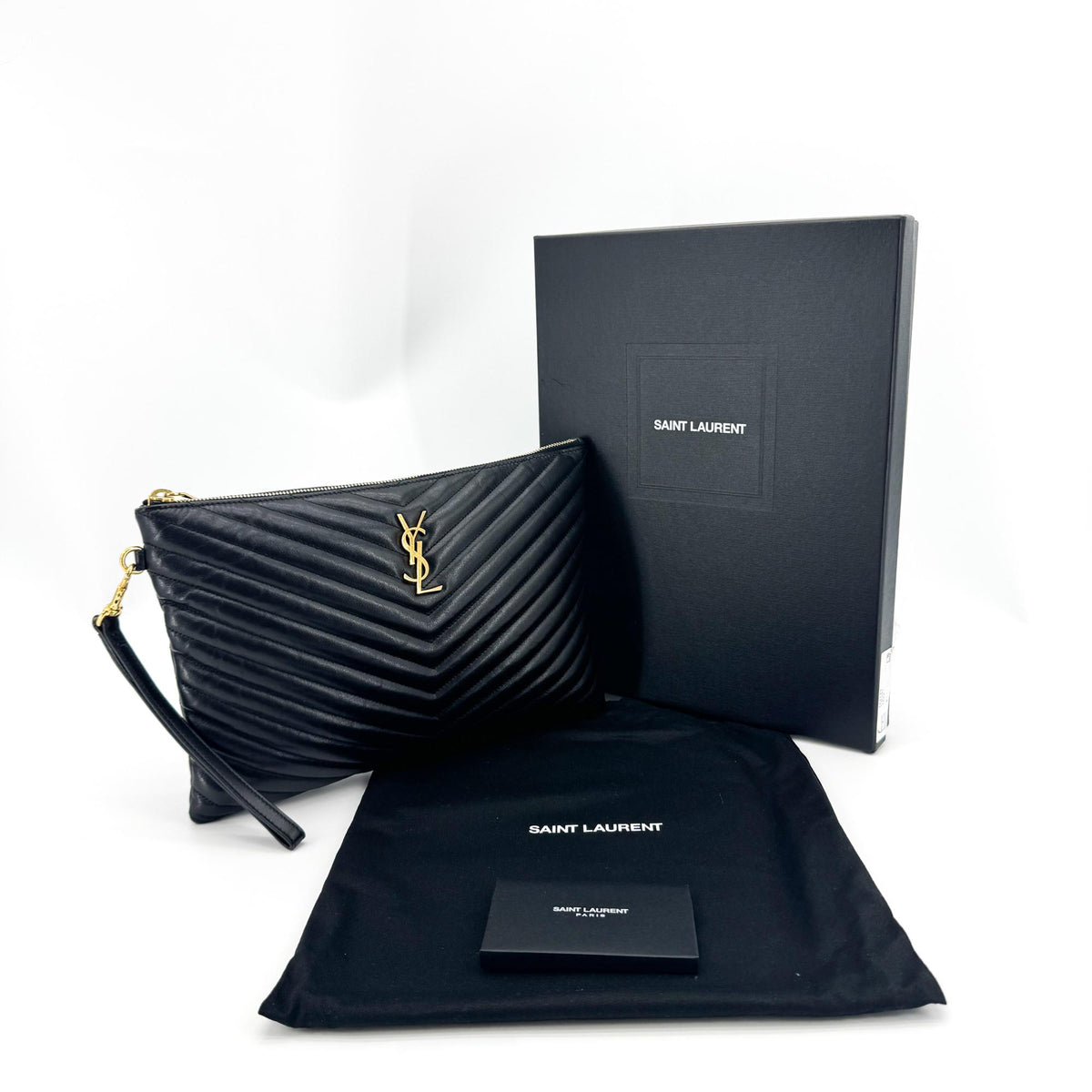 Saint Laurent Monogram Matelassé Tablet Clutch Black Gold Hardware