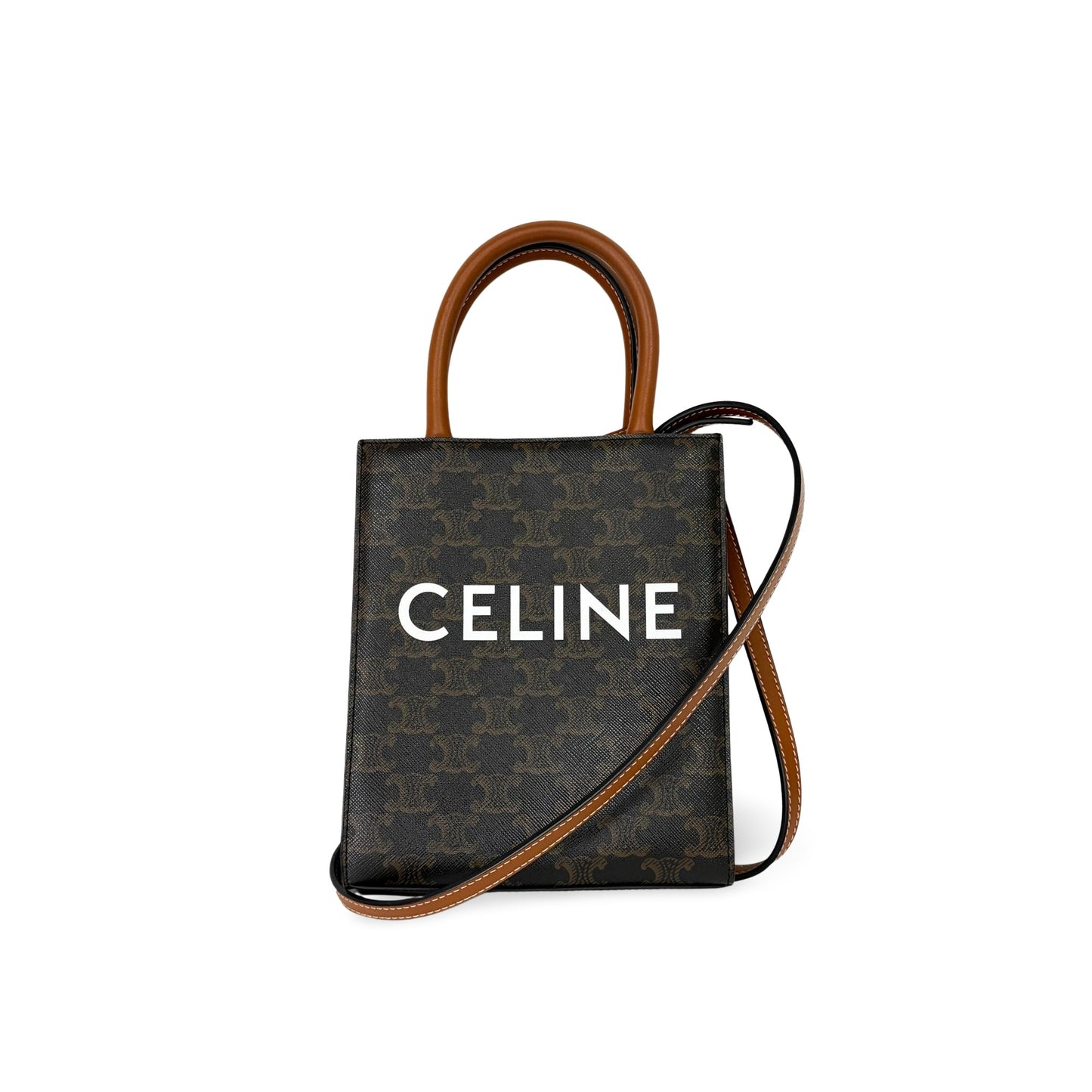 Celine Cabas Vertical Mini Triomphe Canvas & Calfskin Tan