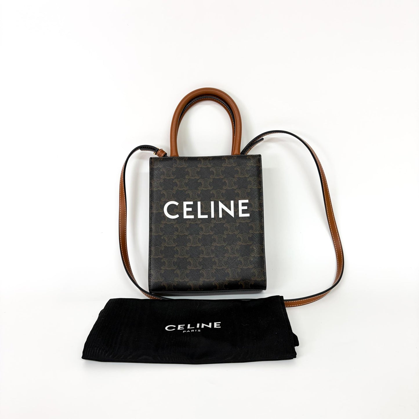 Celine Cabas Vertical Mini Triomphe Canvas & Calfskin Tan
