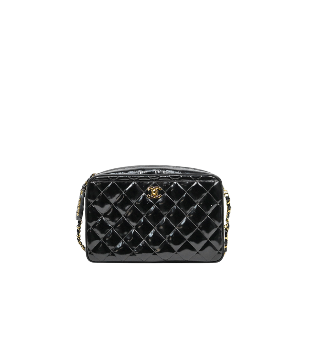Chanel Black Patent Quilted CC Chain Shoulder Bag