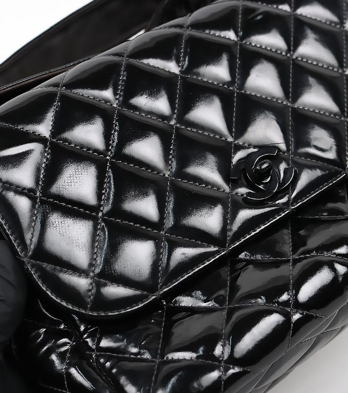Chanel Saw Black Patent Quilted CC Flap Shoulder Bag