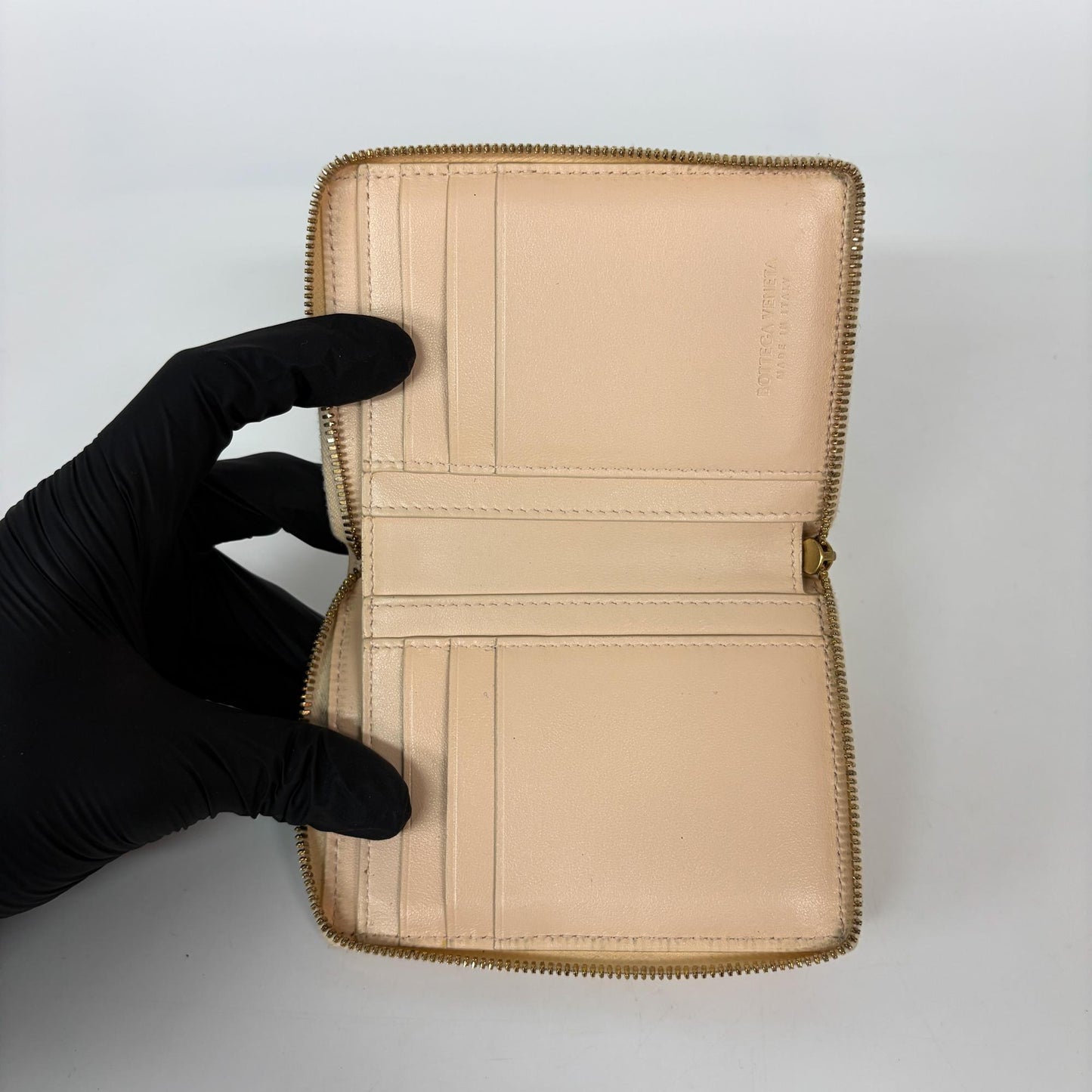 Bottega Veneta Cassette Intrecciato Small Zipper Around Wallet Almond