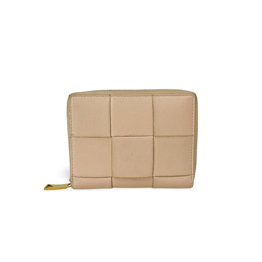 Bottega Veneta Cassette Intrecciato Small Zipper Around Wallet Almond