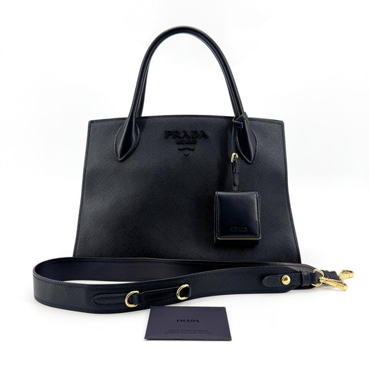 Prada Saffiano Monochrome Medium Tote Bag Black