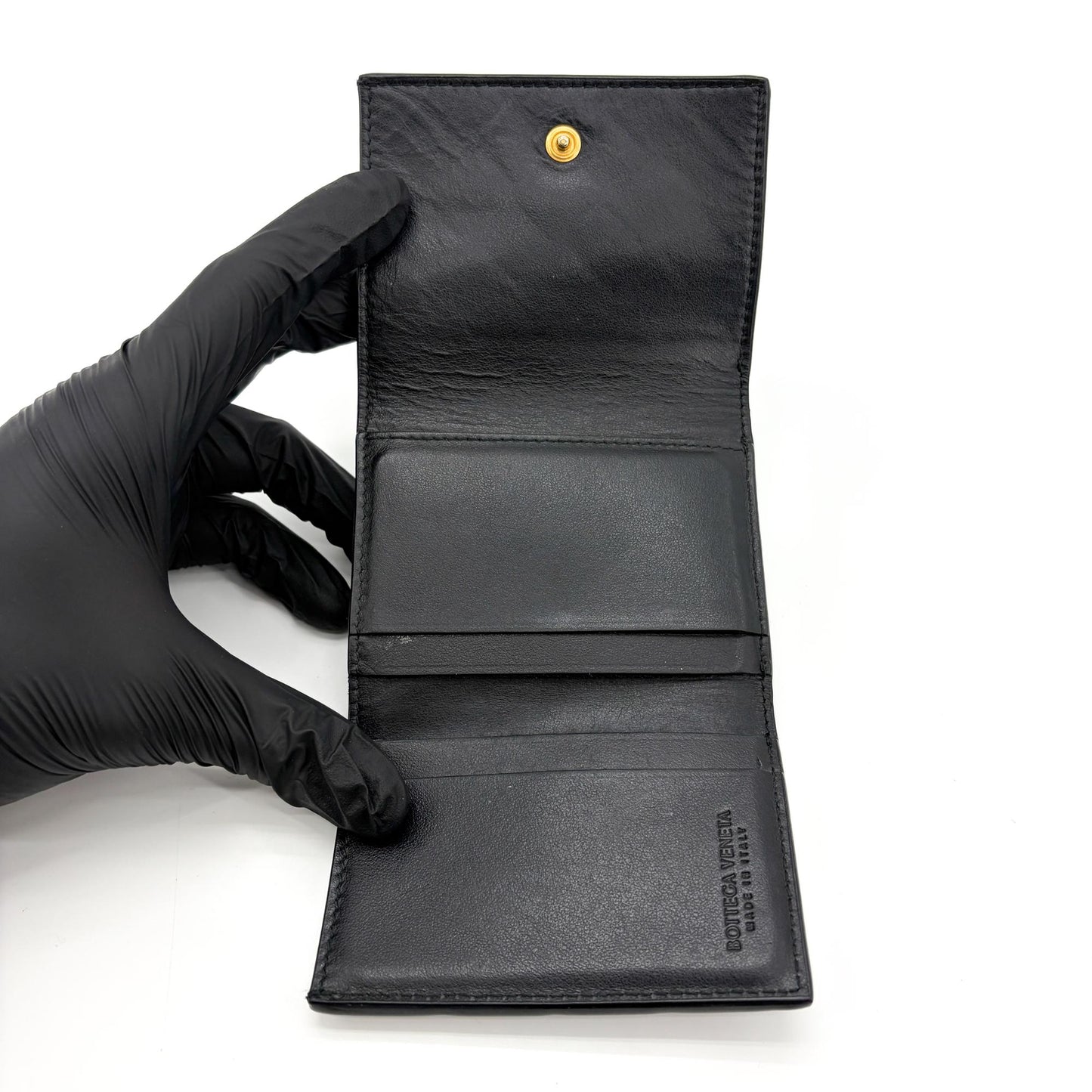 Bottega Veneta Intrecciato Tiny Triple Fold Wallet Black with Gold Hardware