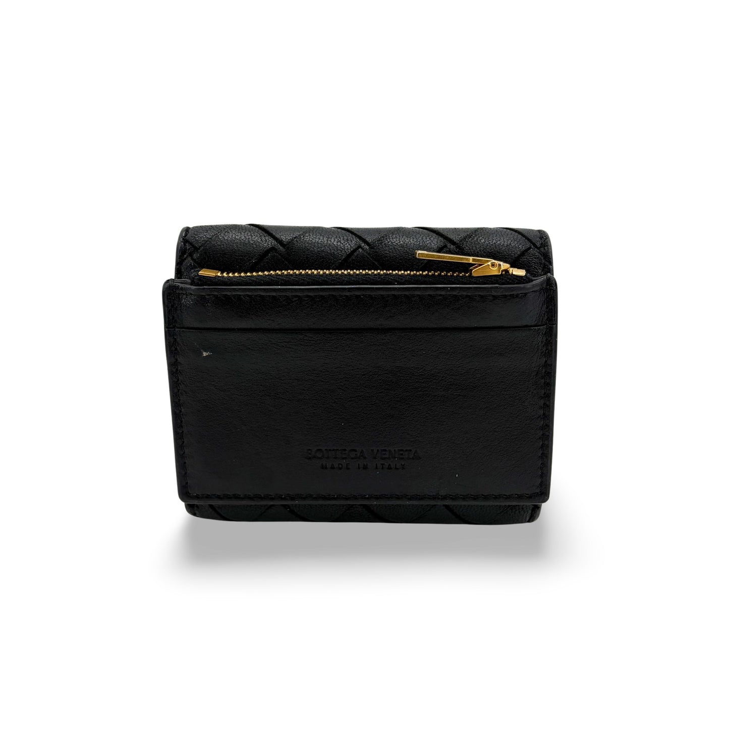 Bottega Veneta Intrecciato Tiny Triple Fold Wallet Black with Gold Hardware